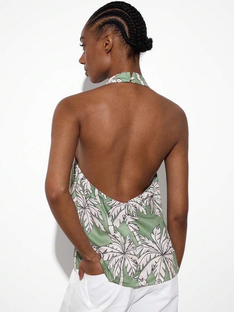 SHEIN Maija Women's Palm Tree Print Halter Neck Top, Vacation Style,Green Tops ,Festival Outfits ,Summer Holiday Outfits,Beach Outfit For Women,Summer Top