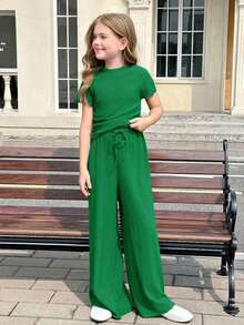 SHEIN Tween Girl Shades Of Green 2 Piece Sets Outfit,Textured Knit Side Ruched Mock Neck Short Sleeve Top And Wide Leg Pants,Summer Casual Vacation Clothes - Green - View 7