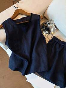 de 2 piezas de top sin mangas de cuello redondo y shorts para mujer, primavera/verano - azul real 2 - Ver 2