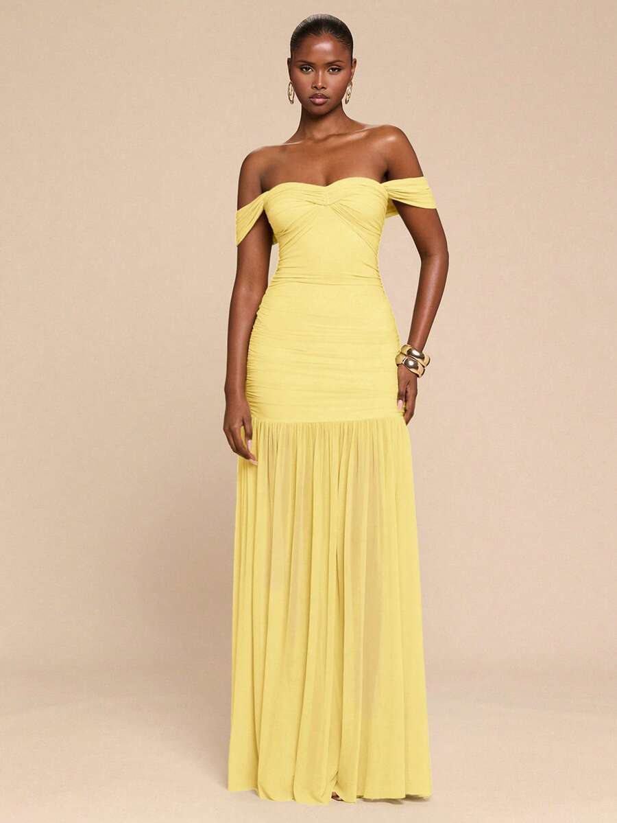 SHEIN BAE 春夏女式绿色褶皱抹胸修身连衣裙，鼠尾草绿连衣裙，婚礼宾客礼服，生日礼服，返校礼服 - 黃色 - 查看 1