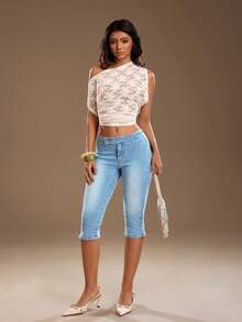 TRNVIE Women's Casual Washed Slim Fit Low Waist Jeans - Blue and White - View 6