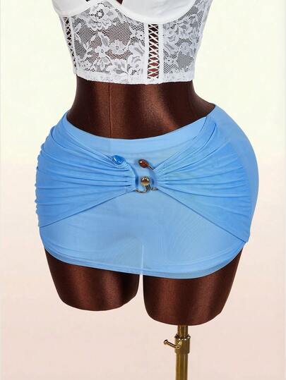 Amplova Women's Solid Color Metal Decor Casual Versatile Date Night Mini Skirt