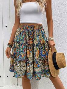 SHEIN Holidaya Casual Vacation Retro Print Ruffle Hem Skirt, Fashion Blue Retro Printed A-Line Skirt For Spring/Summer - Blue - View 3