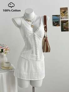 Elamini Women's Casual Sexy Lace Patchwork Camisole & Textured Knit 2 Pieces Set - White - View 3