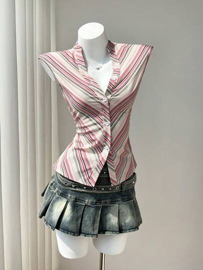 Elamini Áo kiểu không tay cổ chữ V sâu, phối màu vintage đa năng dành cho nữ, thích hợp cho mùa xuân/hè.