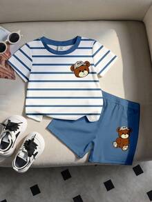 Souflis Souflis Bộ 2 món cho bé trai, gồm áo thun ngắn tay cổ tròn và quần short kẻ sọc phối màu hình gấu, thích hợp cho hoạt động ngoài trời, thể thao, đi học, mùa xuân/hè. - Nhiều màu - Xem 4