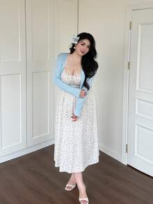 Vibekara 两件套：可爱罗纹短款外套搭配碎花迷你连衣裙 - 淺藍色 - 查看 4