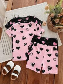 LMoss Kids Bộ đồ ngủ 4 món cho bé gái, chất liệu dệt kim, họa tiết trái tim và mèo dễ thương, gồm áo thun cổ tròn và quần short ôm sát. - Nhiều màu - Xem 2