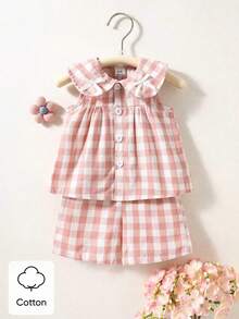 SHEIN Conjunto de 2 peças de Algodão de Verão para Bebê Recém-Nascido Menina, Top Regata com Gola de Boneca Branca e Rosa Xadrez, Shorts de Cintura Elástica, Combinação Casual Família - Vermelho - Visão 2