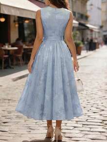 Vestido de gasa con estampado floral, cuello en V, elegante y romántico, adecuado para vacaciones y uso diario, de estilo francés de alta gama - Azul - Ver 2