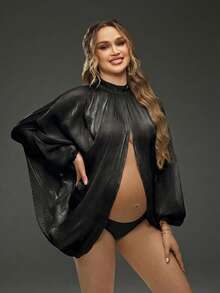 Cheriluna Maternity Vestido transparente de unicolor con abertura frontal y posterior para sesión fotográfica de maternidad - Negro - Ver 4