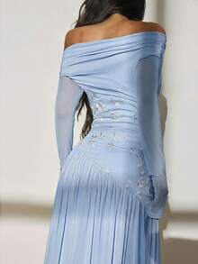 SHEIN PETITE Nouvelle robe style asymétrique à épaulette, manches longues, maille contrastée avec broderie, ourlet asymétrique, coupe slim et élastique, élégante et romantique - Bleu azur - Voir 7