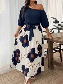 Weeklong Vestido casual de talla grande con estampado de flores en bloques de color y patchwork - Multicolor - Ver 3