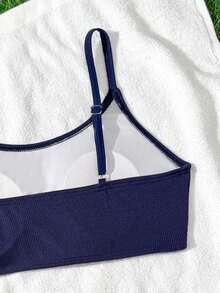 SHEIN Teen Girls Two Pieces Swimwear Summer Beach Holiday Ribbed Texture Solid Color Cami Bralette High Waist Bikini Set Tummy Control Bathing Suit - Navy Blue - View 4
