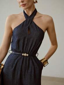 MOTF PREMIUM 女士时尚刺绣腰带交叉露背吊带连体裤 - 藍色 - 查看 7