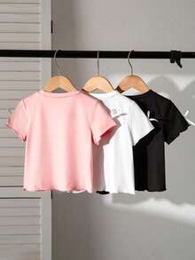 SHEIN 女童多色时尚简约三件套T恤套装。上衣正面饰有草莓蝴蝶结热转印图案，袖口也点缀着蝴蝶结。适合春夏休闲穿着。 - 彩色 - 查看 2