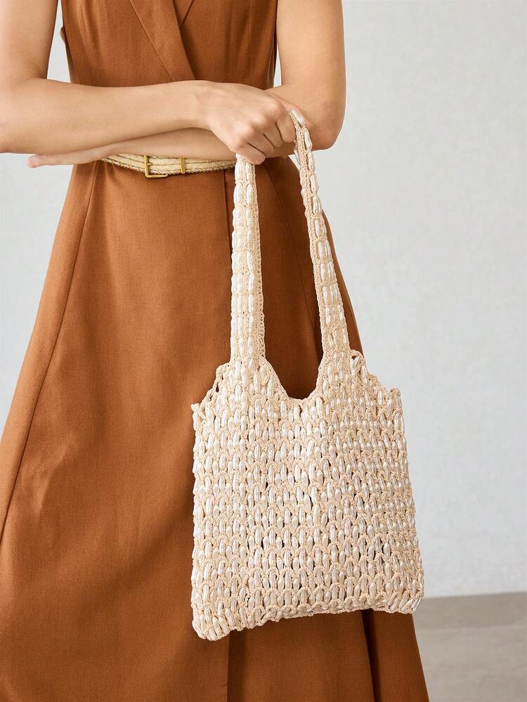 LADIES HAND-WOVEN BEADED PEARL SHOPPING BAG, CASUAL TOTE APRICOT SHOULDER BAG, SUITABLE FOR DAILY, SHOPPING, VACATION, TRAVEL, BEACH, SEASIDE MATCHING