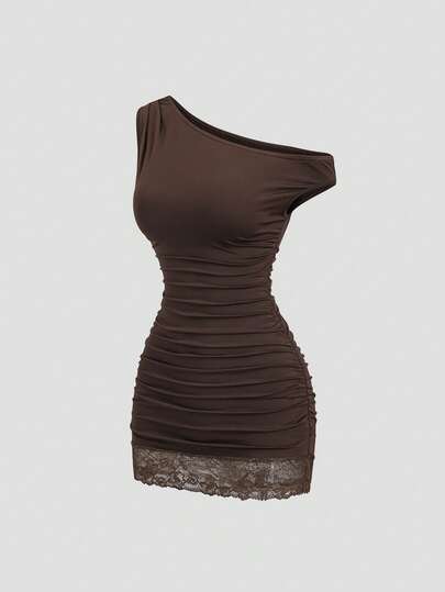 Sweetra Petite Women's Elegant Commuter Waist-Cinched Fitted Mini Dress With Lace Hem, Spring/Summer, Coffee Color
