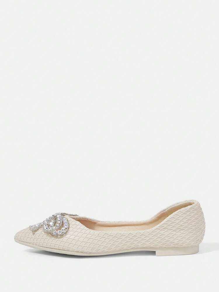 CUCCOO HITCHD Pointed Flat Bottom Comfortable And Fashionable Versatile Fairy Rhinestone Bow Ballet Soft Sole Beige Low Vamp Flat Shoes