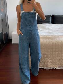 Mono de mezclilla con bolsillo y estampado de anacardo para vacaciones de mujer - Azul - Ver 3