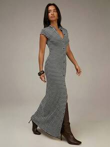 Athîral 女士条纹单排扣袖口修身休闲连衣裙 - 彩色 - 查看 4