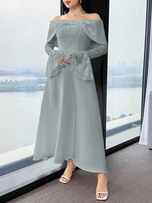 Feyla Đầm dài tay trễ vai thanh lịch dành cho nữ, phối ren tương phản. - Màu xanh bụi bặm - Xem 5