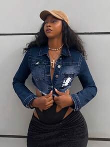 StreetHx Áo khoác denim ngắn tay dài, viền rách, thêu chữ dành cho nữ - Rửa tối - Xem 5