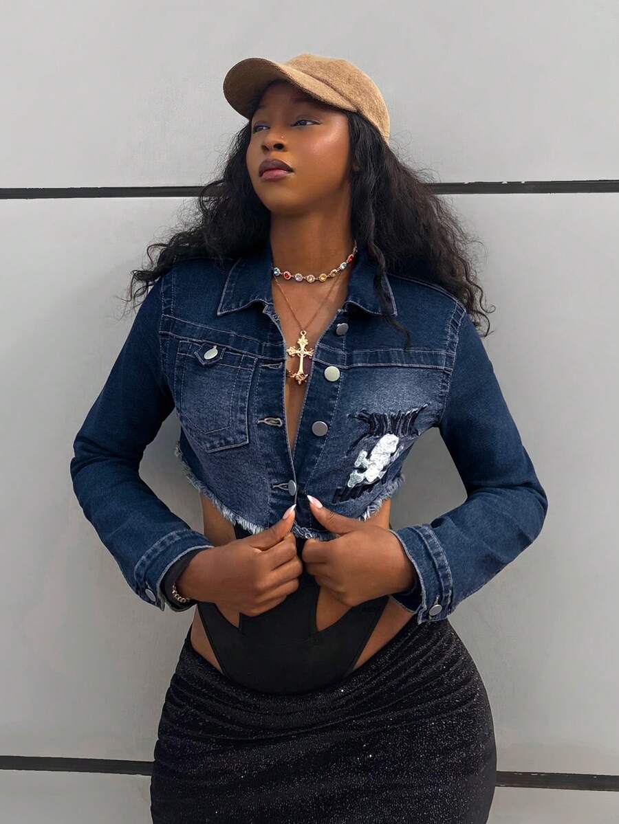 StreetHx Women's Letter Embroidered Long Sleeve Frayed Hem Cropped Denim Jacket - Dark Wash - View 1