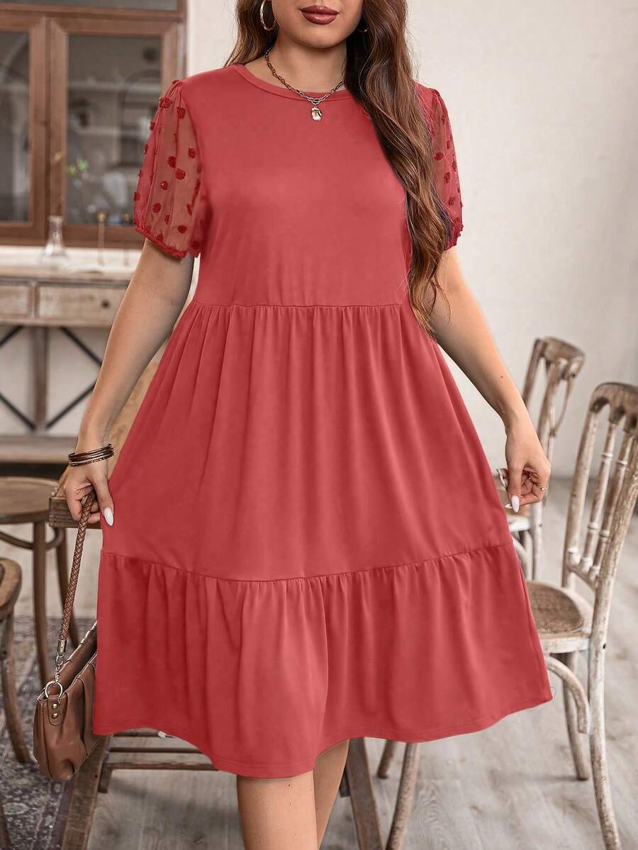 EMERY ROSE Plus Size Women Round Neck Polka Dot Mesh Patchwork Short Sleeve Casual Dress - Rusty Rose - View 1