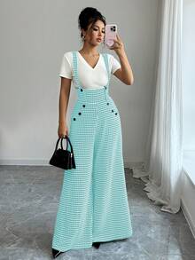 Elenzga Women's Houndstooth Suspender Straight Leg Jumpsuit - Mint Green - View 8