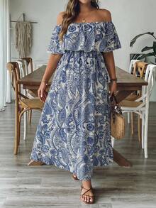 SHEIN LUNE Gaun Maxi A-Line Ruffle Bahu Terbuka Wanita Ukuran Plus, Putih, Musim Panas, Boho, Pesta Lajang, Pesta Teh, Liburan Motif Biru Belahan Samping Liburan Tropis - MultiWarna - View 4