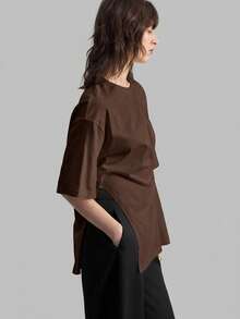 Ontre Áo thun nữ trơn đơn giản kiểu dáng thường ngày 2026SS, áo thun dáng rộng, áo thun công sở, áo đi nghỉ mát, áo đi biển, áo dự tiệc sinh nhật, đồng phục giáo viên, áo cơ bản, áo đi học, trang phục công sở. - màu nâu - Xem 4