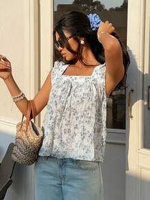 Serisse Women's Casual Ditsy Floral  Sleeveless Shirt, Summer Blouse For Women Summer Tops For Women Summer Cute Latest Tops For Women New Arrivals Casual Summer Outfits For Woman,Summer For Women, Vacation Woman, Babydoll, Textured Fabric, Square Collar And Cap Sleeves, A-Line Top, Suitable For Daily Wear, Wedding Season Holiday Resort,Casual Blouse For Women,Elegant Women's Blouses,Beach Outfit For Women,Beach Cover-Up Women,Summer Top Blouse For Women Casual - Multicolor - View 5