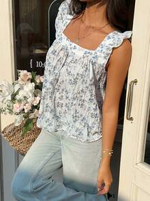 Serisse Women's Casual Ditsy Floral  Sleeveless Shirt, Summer Blouse For Women Summer Tops For Women Summer Cute Latest Tops For Women New Arrivals Casual Summer Outfits For Woman,Summer For Women, Vacation Woman, Babydoll, Textured Fabric, Square Collar And Cap Sleeves, A-Line Top, Suitable For Daily Wear, Wedding Season Holiday Resort,Casual Blouse For Women,Elegant Women's Blouses,Beach Outfit For Women,Beach Cover-Up Women,Summer Top Blouse For Women Casual - Multicolor - View 7