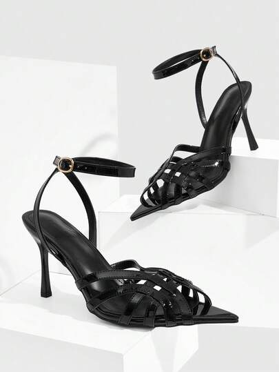 CUCCOO SZL Giày sandal nữ mũi nhọn hở mũi, chất liệu da bóng PU, đính kim loại, kiểu dáng dự tiệc, thích hợp cho buổi tối.