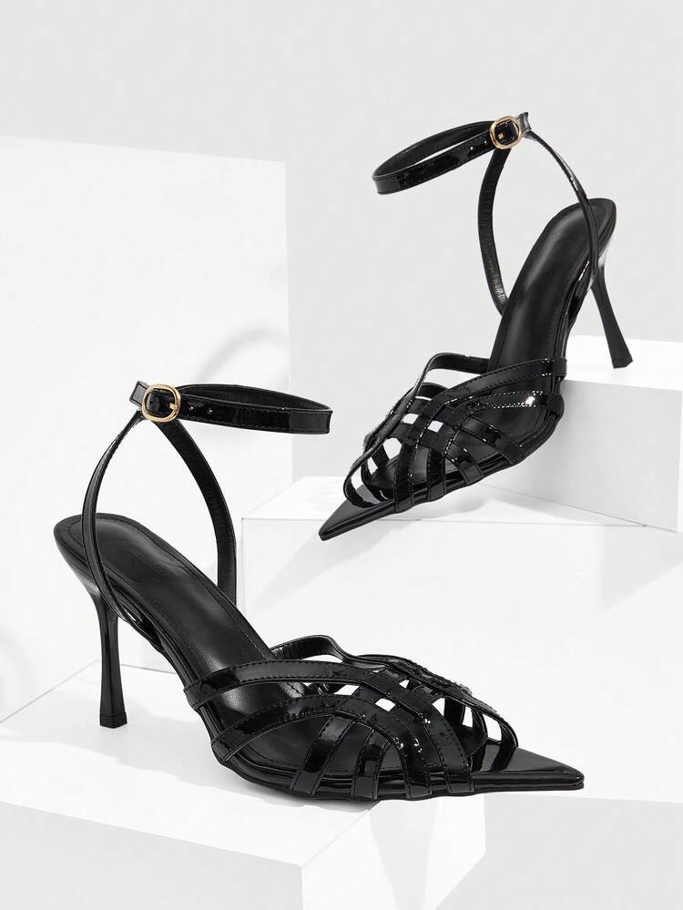 CUCCOO SZL Women's Fashion Pointed Open Toe Patent Leather PU Metal Evening Wear Party Style Slip-On With High Heels Sandals