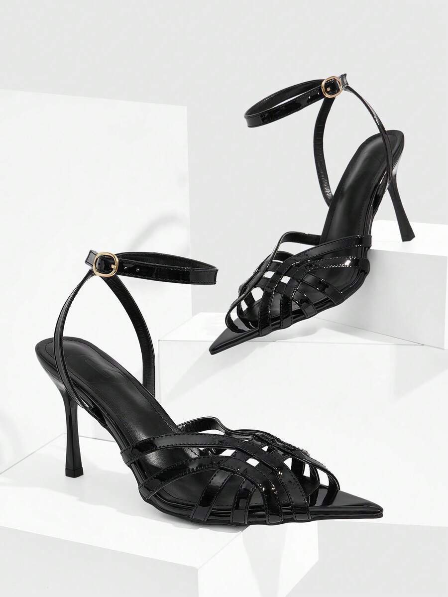 CUCCOO SZL Giày sandal nữ mũi nhọn hở mũi, chất liệu da bóng PU, đính kim loại, kiểu dáng dự tiệc, thích hợp cho buổi tối. - màu đen - Xem 1