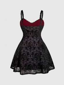 ROMWE Goth Vestito da donna taglie forti con fiocco floccato e bordo in pizzo - nero - Visualizzare 2