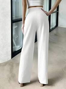 Lavishia Women's Textured Solid Color Button Zipper Casual Pants, Versatile For Daily Wear - White - View 2