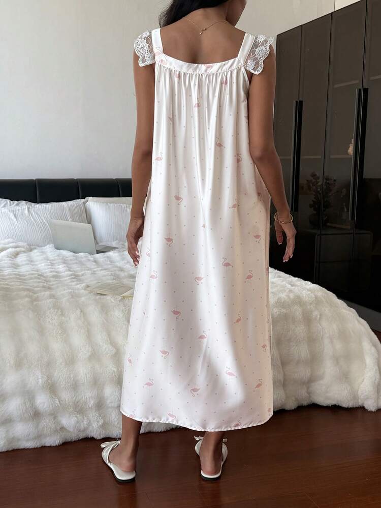 Women's Flamingo Print Contrast Lace Ruffle Hem Loose Nightgown