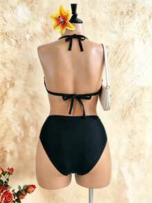 Swim SXY Plus Size 2pcs Halter Metallic Triangle Bikini Set, Classic Criss-Cross Sexy Beach Vacation Swimsuit - Black - View 8