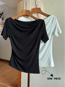 Franclia Women's Elegant Black Ruched Draped Neck Short Sleeve T-Shirt - Black - View 5
