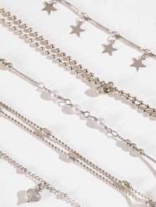 ROMWE Grunge Punk 6 Pieces Set Of Simple And Fashionable Alloy Five-Pointed Star Tassels Hollow Love Three-Dimensional Heart Tassel Bracelet Set Female Date Gift - Silver - View 3