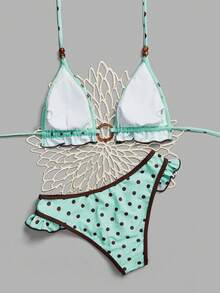 Levarali Women's Turquoise Base Brown Polka Dot Contrast Color Wood Button Ruffle Trim Bikini Set - Multicolor - View 4