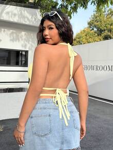 Comfortcana Plus Size Women Light Yellow Pleated Halter Neck Camisole Holiday Holiday Vacation Summer Tropical - Light Yellow - View 2