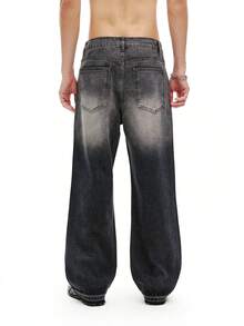 DSELFIQUE Quần ống rộng dáng suông phong cách đường phố Mỹ dành cho nam, chất liệu denim bạc màu, đính đá lấp lánh, món quà Giáng sinh hoàn hảo cho bạn trai và chồng. Quần jeans nam màu xám dáng rộng đính đá. - màu đen - Xem 2