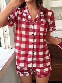 Conjunto de pijama con estampado de cuadros en el cuello - Burdeos - Ver 5
