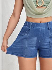 SHEIN FlexDen Women's Elastic Waist Skinny Casual Versatile Denim Shorts - Blue - View 5