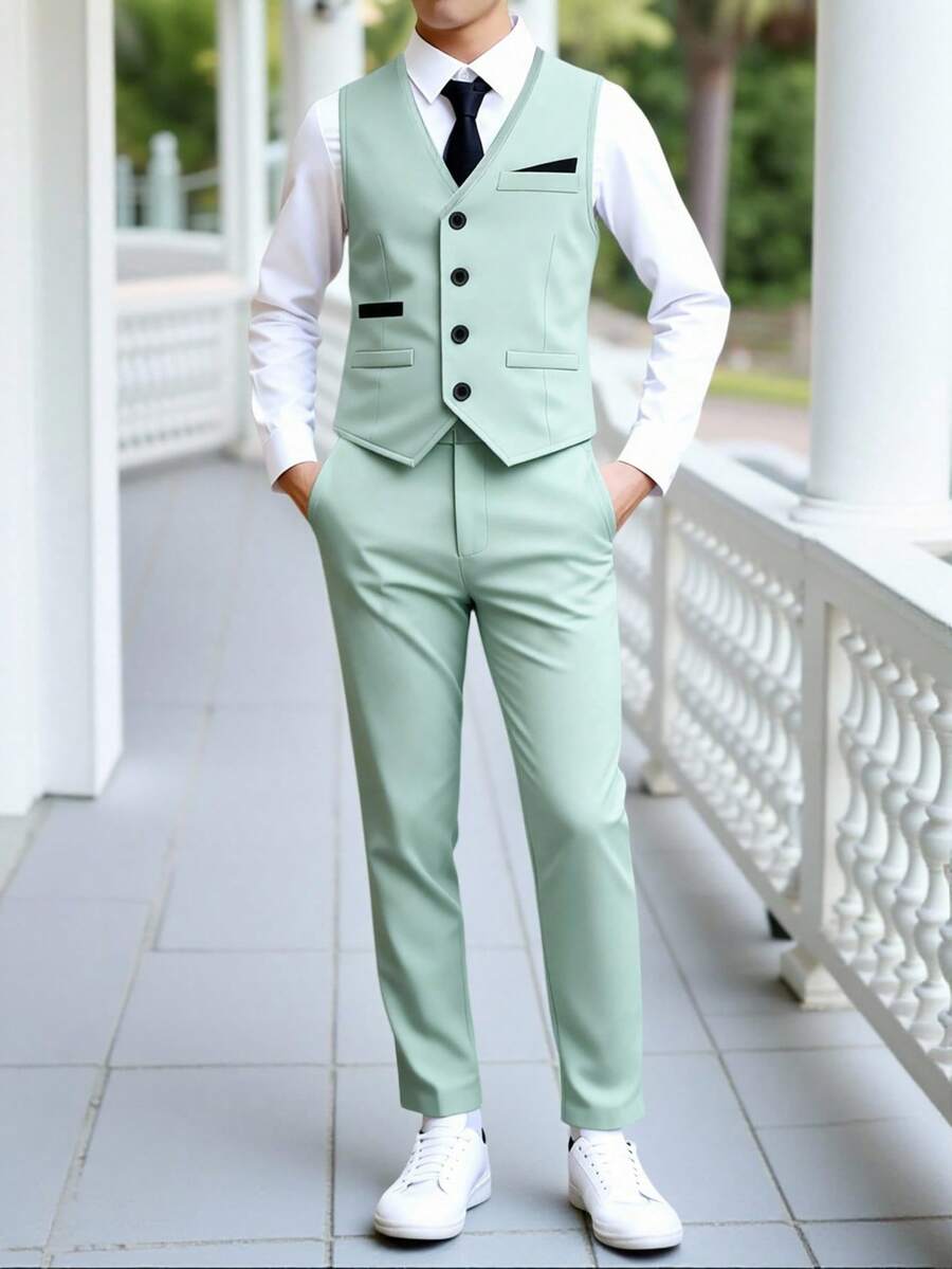 SHEIN Bộ trang phục biểu diễn piano mùa xuân/hè cho bé trai (2 món), gồm áo vest và quần tây, thích hợp cho đám cưới/sự kiện trang trọng, kèm nhạc cụ. - Màu xanh Bạc hà - Xem 1
