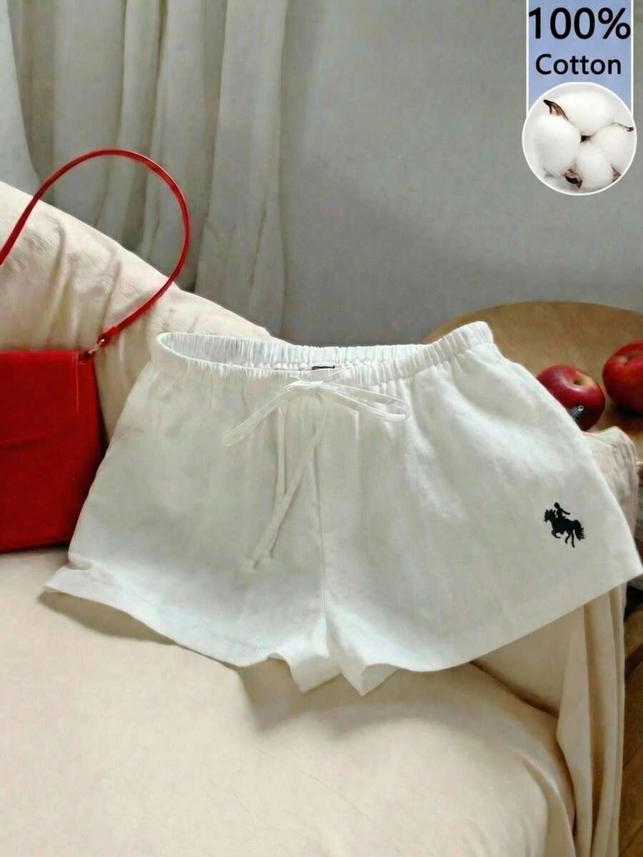 SHEIN EZwear 女士休闲白色刺绣梭织短裤 - 白色 - 查看 1